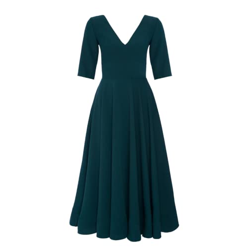 Swing Fashion Women's Sally Rose Damen Midikleid | Elegantes Festliches Kleid | Partykleid | Abendkleid | Hochzeitskleider | Abschlussballkleid | Ballkleid | V-Ausschnitt | 3/4 Ärmel | Grün | 34 (XS)