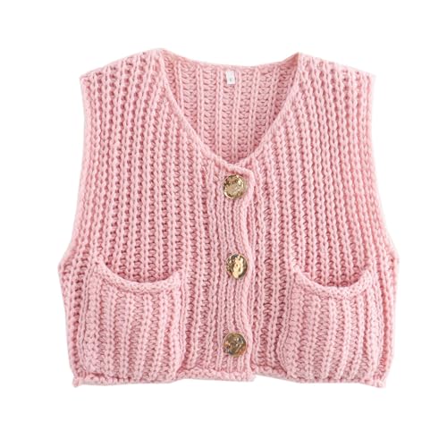 Sweater Vests Women 2024, Women's Button Front V Neck Sleeveless Crochet Solid Checkered Knit Sweater Vest with Pockets (Pink,X-Large)