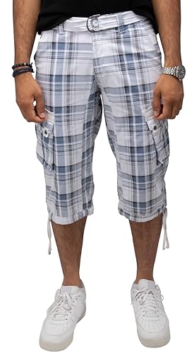 X RAY Lange Cargo-Shorts für Herren, mit Gürtel, 45,7 cm Schrittlänge unterhalb des Knies, mehrere Taschen, 3/4-Caprihose, Kariert, Blau/Weiß, 50