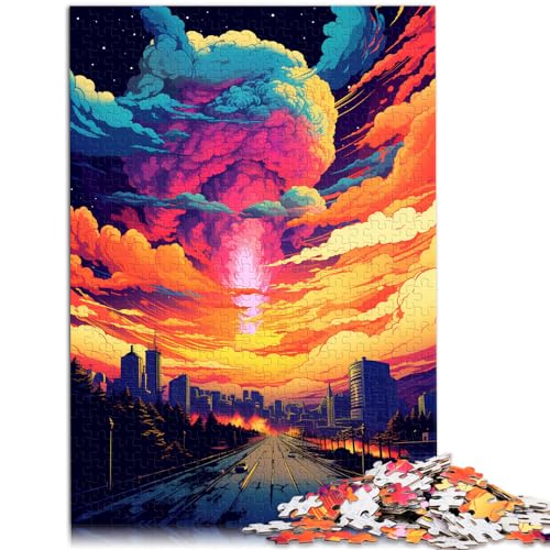 Puzzle für farbenfrohe, psychedelische Vaporwave-Sonnenuntergangsstadt, Puzzles aus Holz mit 1000 Teilen, einzigartige Heimdekoration und Geschenke, 1000 Teile (50 x 75 cm)