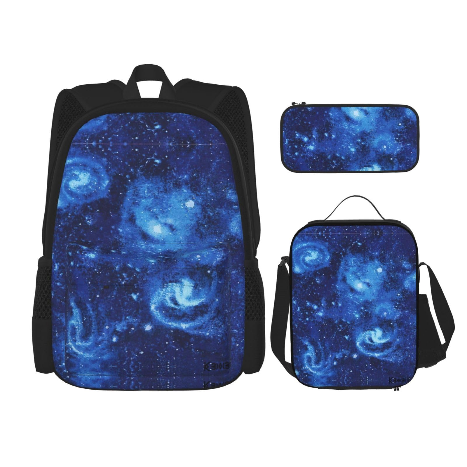 WURTON Blue Universe Space Galaxy Print 3 in 1 Sets Casual Adjustable Shoulder Backpack Lunch Bag Pencil Case Pouch Box, Schwarz, Einheitsgröße