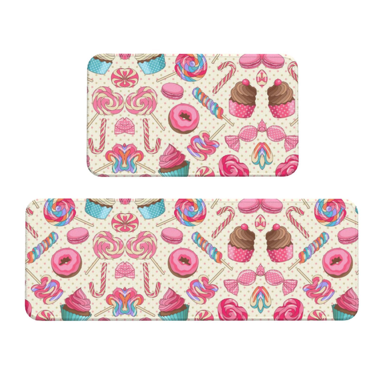 YQxwJL Bunte süße Lutscher-Cupcake-Donut-Druck, Küchenmatte, 2-teiliges Küchenteppich-Set, rutschfest, wasserdicht, Küche, Bodenmatte, für Flur, Büro