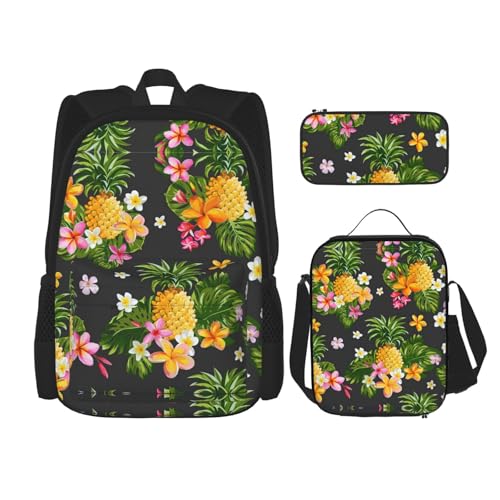 WURTON Tropische Ananas Hawaii-Druck Lunchbox Federmäppchen Rucksack Set 3 Stück Verstellbare Träger Langlebig Leicht, Schwarz, One Size