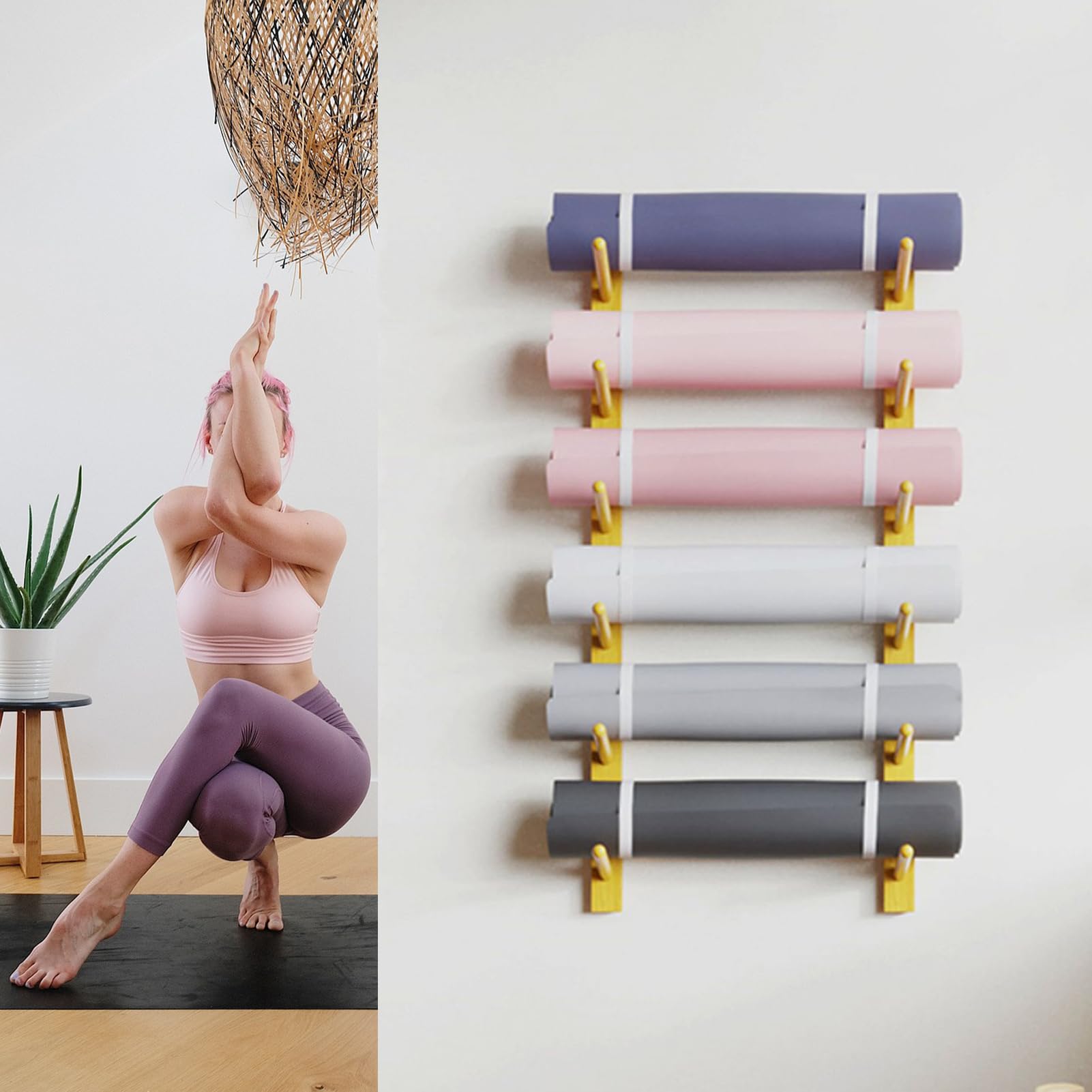 LESBJFDM Wandhalterung für Yogamatten aus Holz – Wandhalterung für Yogamatten mit 6/9 Ebenen – Halterung für Heim-Fitnessstudio-Zubehör – Yogamattenständer