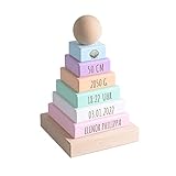 Kekskrone Stapelturm Holz - mit Name und Geburtsdaten - ca. 11 x 11 x 19 cm - personalisierte Geschenke Baby - Holzspielzeug Baby - Geschenke Geburt - Taufgeschenke für Mädchen & Taufgeschenke Jungen