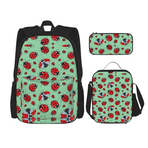 WURTON Schulrucksack-Set mit roten Marienkäfern auf blauem Hintergrund, 3-in-1-Büchertaschen-Set mit Lunchbox, Federmäppchen, Reise-Laptop-Tagesrucksäcke