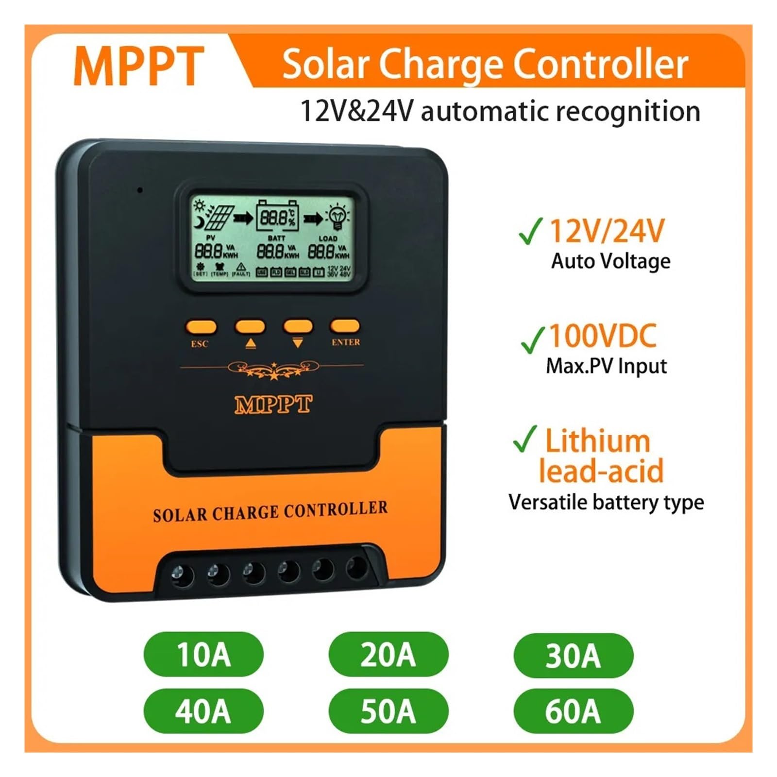 Solarregler, 10A/20A/30A/40A/50A/60A Auto MPPT Solar Laderegler 12V/24V LCD Dual USB Solar PV Regler(20A)