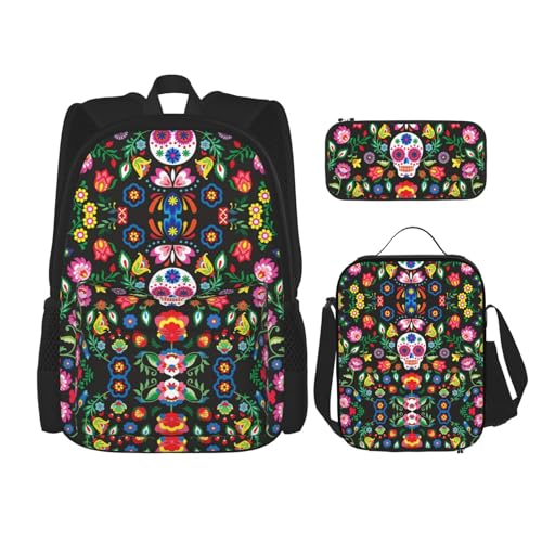 WURTON Sugar Horror Totenkopf und Blumen Druck 3 in 1 Sets Casual Verstellbarer Schulterrucksack Mittagessen Tasche Federmäppchen Beutel Box, Schwarz, Einheitsgröße