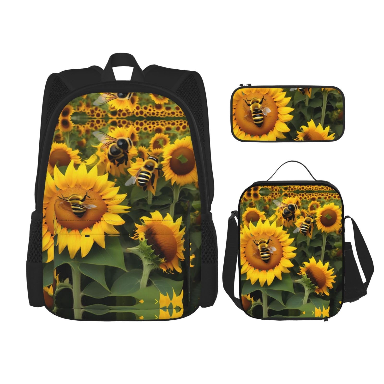 WURTON Sunflower Bees Print Lunch Box Pencil Case Backpack Set 3 Pieces Adjustable Straps Durable Lightweight, Schwarz, One Size