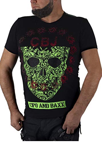 Cipo & Baxx Herren T-Shirt Neon Print Totenkopf Casual Baumwolle Pailletten Kurzarm Shirt CT545 Schwarz M