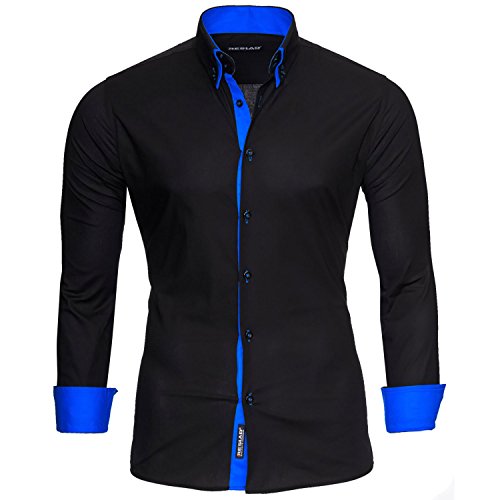 Reslad Herren Hemd Männer Hemden Slim Fit bügelfrei Freizeit Business Langarm 2 Knopf 2 Kragen RS-7050 Schwarz Blau Gr XXL