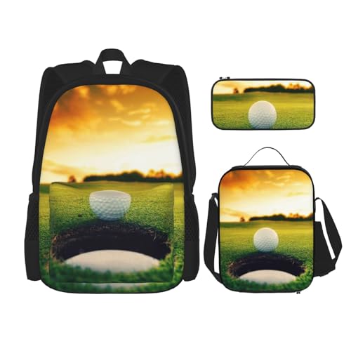 DENMER Mehrzweck-Schulranzen mit passendem Federmäppchen und Lunchtasche, rotgoldener Glitzer, Ihre stilvolle All-in-One-Lösung, Sport Golfball Sonnenuntergang Baum, Einheitsgröße