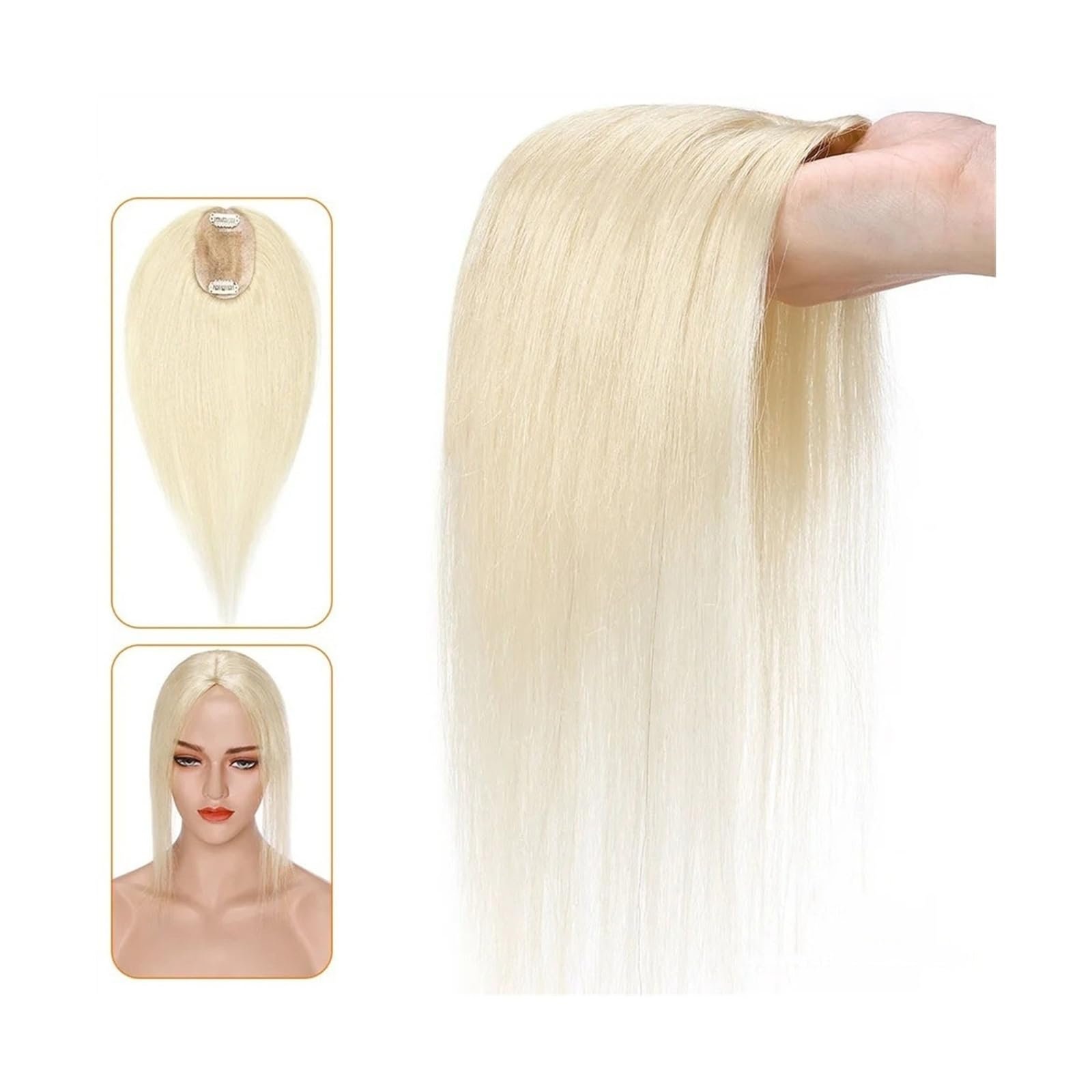 Haartopper für Frauen Echthaar-Topper for Frauen, 6 x 9 cm, handgebundene Haar-Topper mit Seidenbasis, 110% indisches Haar, glattes, natürliches Haarteil, Clip-in-Haarverlängerung Haarteil Topper Tou