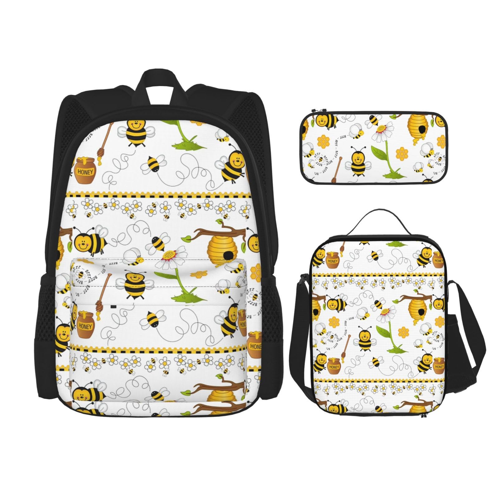 WURTON Flying Bees 3-in-1 Büchertaschen-Set, verstellbarer Schulter-Rucksack, Lunch-Tasche, Federmäppchen, Tasche, Schwarz, Einheitsgröße