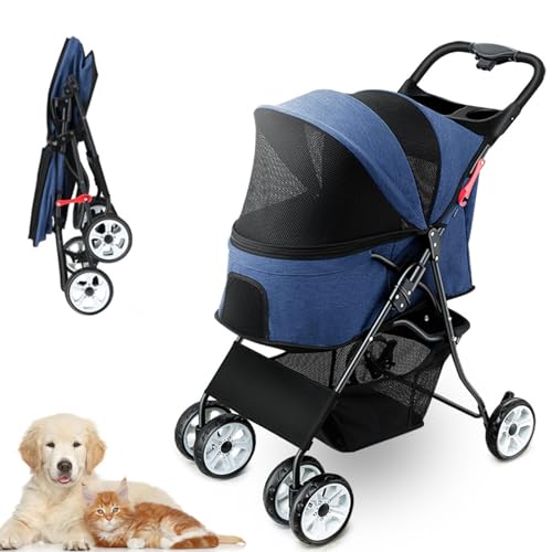 KKXXYQFC Hunde-Kinderwagen mit 4 Rädern, einfach zusammenklappbarer Haustier-Kinderwagen mit um 360 Grad drehbarem Vorderrad, Ablagekorb und Getränkehalter, atmungsaktives und sichtbares Netz für