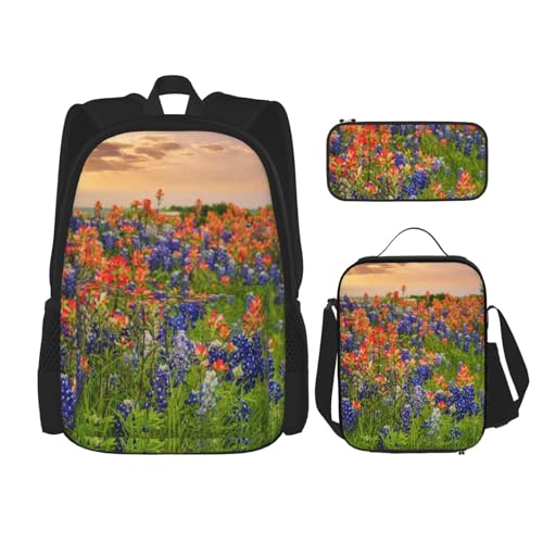 DENMER Mehrzweck-Schulranzen Marienkäfer mit passendem Federmäppchen und Lunchtasche Set - Ihre stilvolle All-in-One-Lösung, Texas Bluebonnets Landschaft, Einheitsgröße