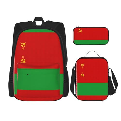 WURTON 3-in-1-Büchertaschen-Set mit Aufdruck der Flagge von Belarus, Lunchbox, Federmäppchen, Reise-Laptop, Tagesrucksäcke