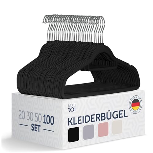 Blumtal 100 Stück rutschfeste Kleiderbügel Samtoptik - Platzsparende, Premium Bügel inkl. Krawattenhalter, 360° drehbar, Schwarz