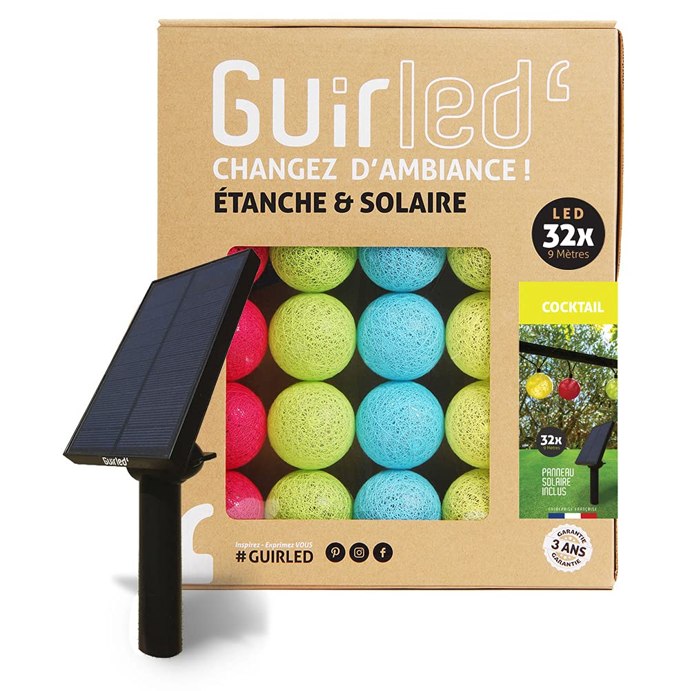 GuirLED - Außengirlande mit Lichtkugeln LED-Guinguette - Wasserdicht IP55 - Hocheffizientes Solarpanel - Automatisches EIN/AUS - 32 Kugeln 6 m- Cocktail