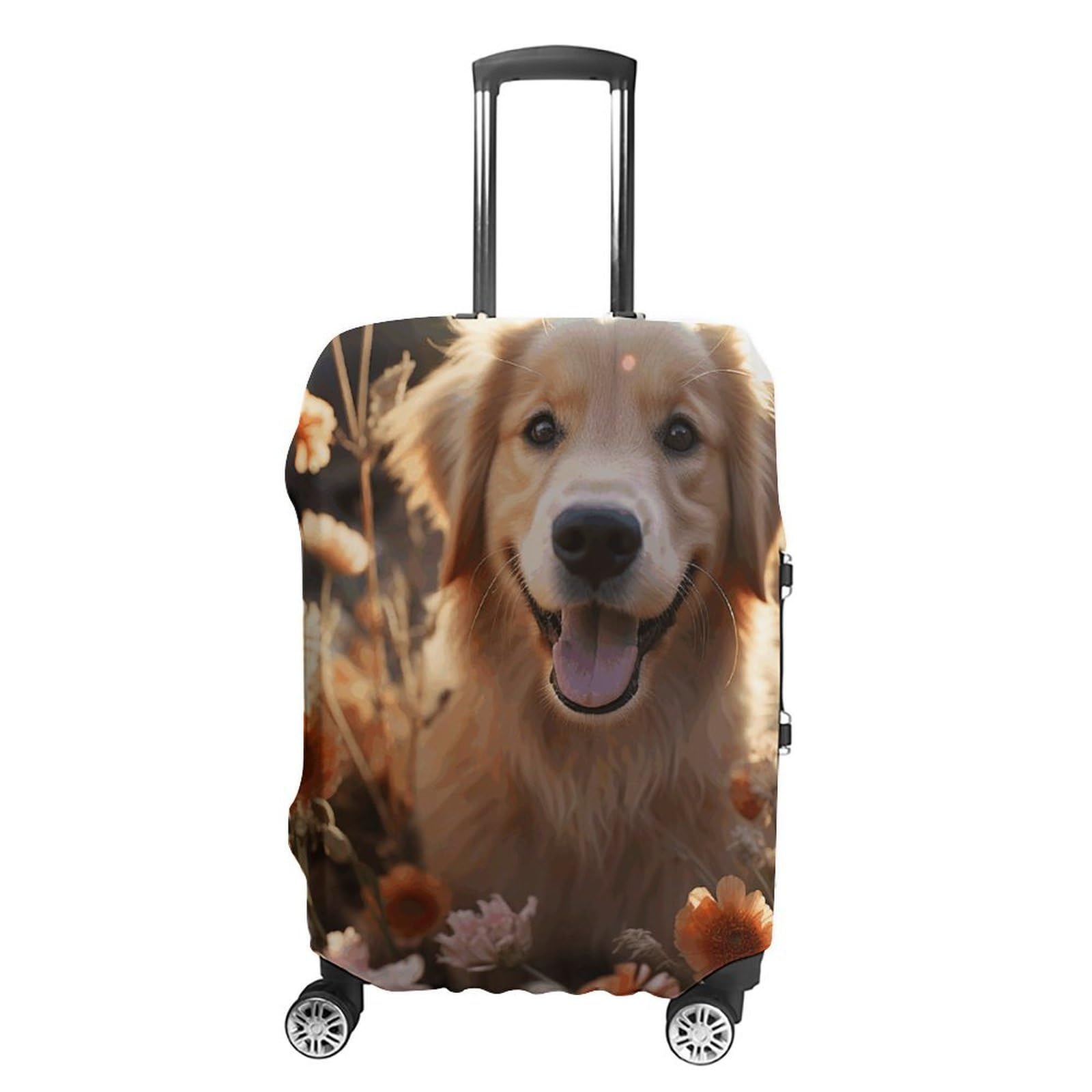 CSGJMYGS Reisegepäckabdeckung, elastisch, waschbar, modisch, kratzfest, Sonnenuntergang, Löwenzahn-Koffer-Schutz, passend für 45,7 - 81,3 cm Gepäck, Golden Retriever und Blumen, XL