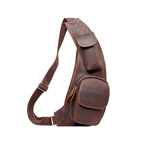 Leathario Herren Echtrindleder Brusttasche Brustbeutel Freizeittasche Crossbody Bag (dunkelkaffee)