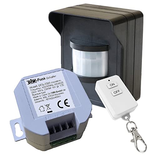 PD-546 DIW-FUNK Set Bewegungsmelder IP44 mit Funk-Einbau Empfänger 230V Funkschalter + Funk-Keysender Lichtschalter