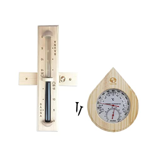 SudoreWell® Sauna Sanduhr Premium 15 Minuten aus Kiefernholz mit Bügel und schwarzem Sand plus Sauna Klimamesser Thermometer + Hygrometer Drop aus hellem Kiefernholz