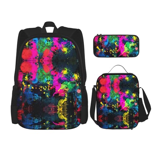 WURTON Bunte abstrakte Malerei Druck Rucksack Mädchen Jungen Schultaschen Teenager Lunchbox und Federmäppchen 3 in 1 Büchertaschen Set