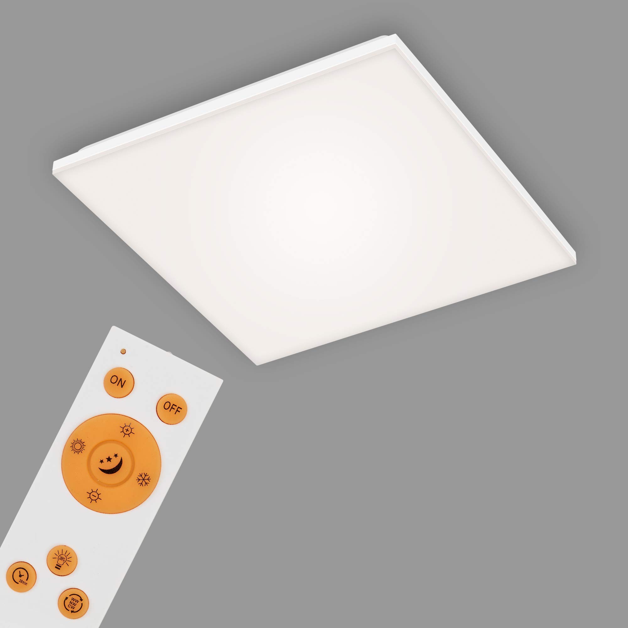 Briloner Leuchten - LED Panel, LED Deckenlampe dimmbar, rahmenlos, Farbtemperatursteuerung, inkl. Fernbedienung, 24 Watt, 2.800 Lumen, Weiß, 450x450x75mm (LxBxH)