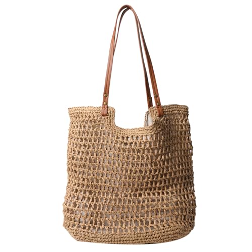 Meiliyizu Damen-Schultertasche aus Stroh, große Kapazität, handgefertigt, Handtasche, Geldbörse, Mädchen, modisch, Urlaubstasche, ausgehöhlt, Strandtasche