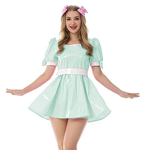 Leder PVC Kleid Damen Kragen Vinyl Minikleid Sommer Jungfrau Kostüm Fancy Bow Oversize Damenkleid, Hellgrün, M