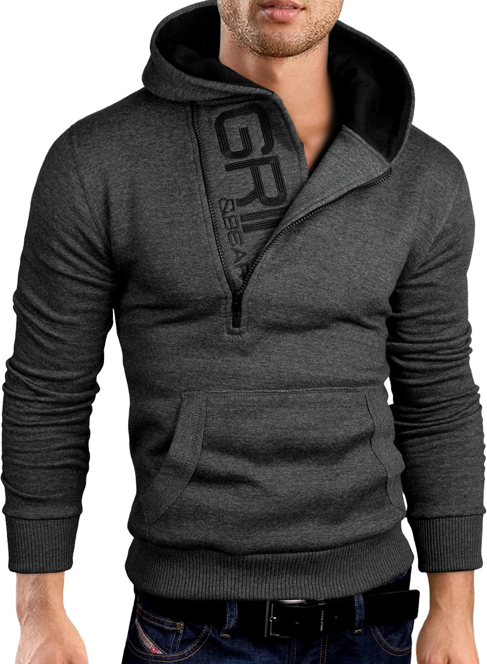 Grin&Bear Slim fit Halfzip Jacke Kapuze Hoodie Sweatshirt Kapuzenpullover, anthrazit-schwarz, XXL, GEC401