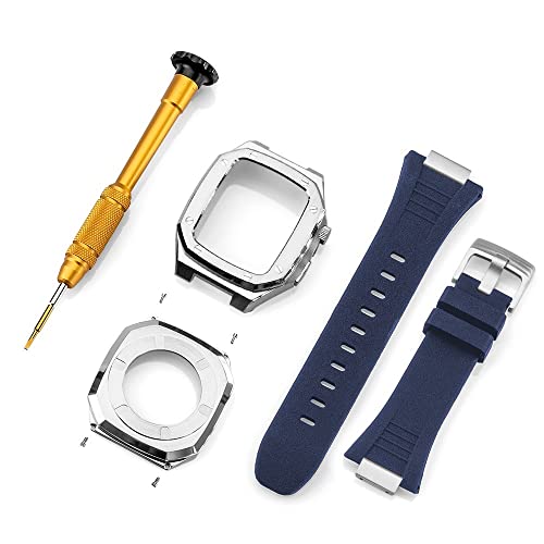 KANUZ Edelstahlarmband für Apple Watch, Armbandmodifikation, 45 mm, 44 mm, 41 mm, Metall-Mod-Kit-Set für iWatch Serie 8, 7, 6, SE, 5, 4, 3, 2, 1 (Farbe: silber-blau, Größe: 45 mm)