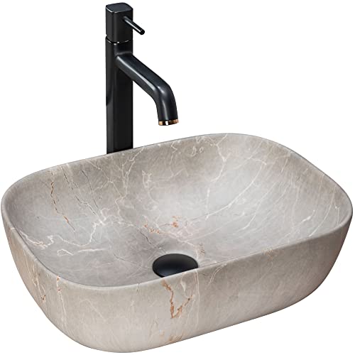 Rea Aufsatzwaschbecken Livia Beige Waschtisch Handwaschbecken Spülbecken Waschschale Waschbecken für Badezimmer aus hochwertiger Keramik 465 mm x 335 mm x 135 mm (Stein imitiert)