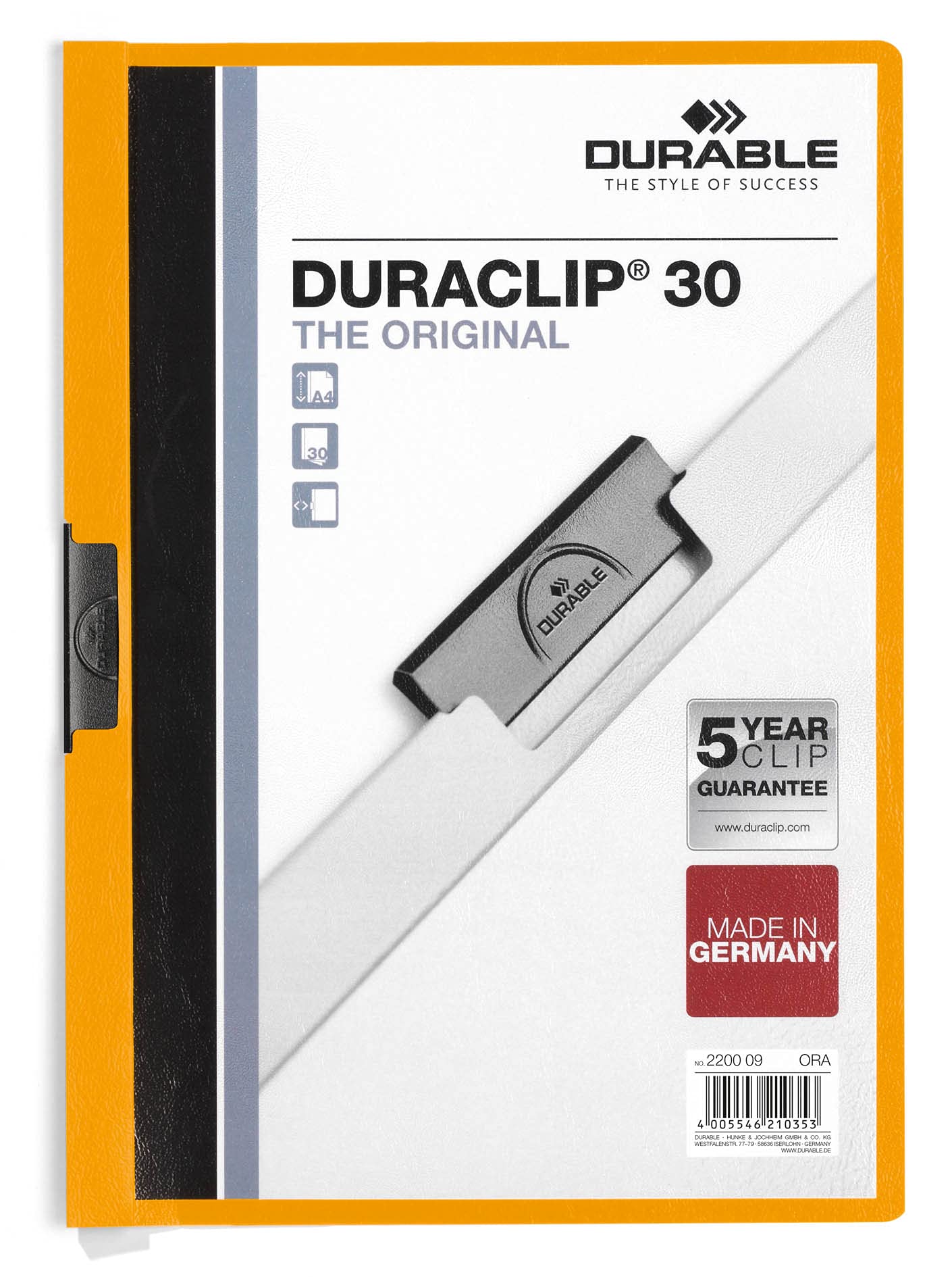 Durable Klemm-Mappe Duraclip Original 30 (für 1-30 Blatt A4), 25 Stück, orange, 220009