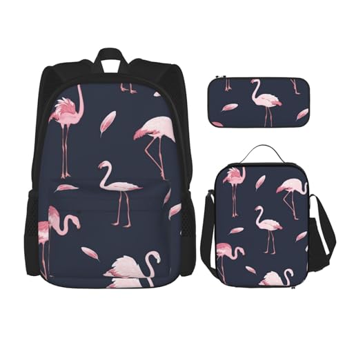 DENMER Wunderschöner Mehrzweck-Schulranzen mit passendem Federmäppchen und Lunchtasche, stilvolle All-in-One-Lösung, Rosa Flamingo und Feder, Einheitsgröße