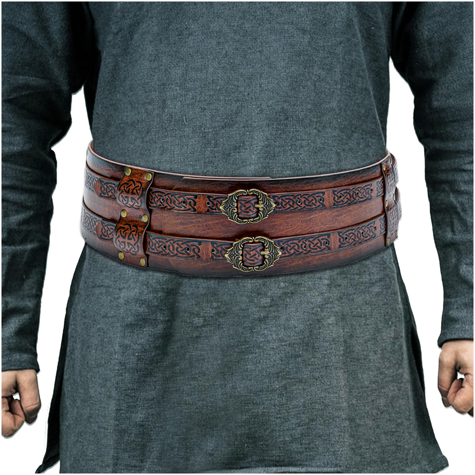 HiiFeuer Wikinger breiter Gürtel, mittelalterlicher Kunstleder Rüstungsgürtel Ritter Korsett Gürtel, LARP Halloween Kostüm (Braun A)