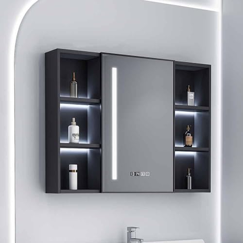 HD-Spiegelschrank, LED-beleuchteter Badezimmerspiegel, beschlagfrei, Medizinschrank mit Smart-Touch-Schalter, Uhr, 32-Zoll-Wandschrank mit Ablagefach,A,90 * 13 * 62cm