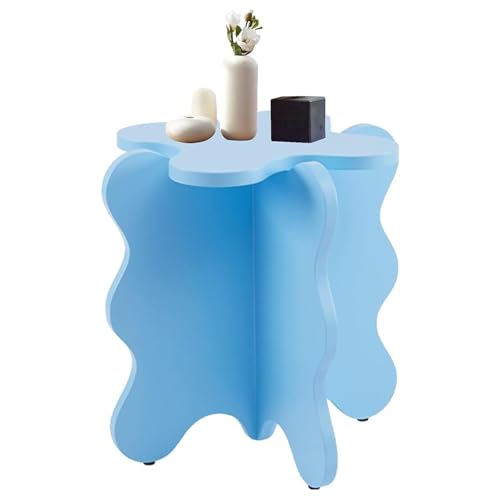 WuJin Mini Blütenblatt Couchtisch, Cartoon Massivholz Beistelltisch Wellenförmiger Nachttisch mit X-förmigen Beinen, Kleiner Farbiger Akzenttisch for Wohnzimmer Schlafzimmer(L Blue)