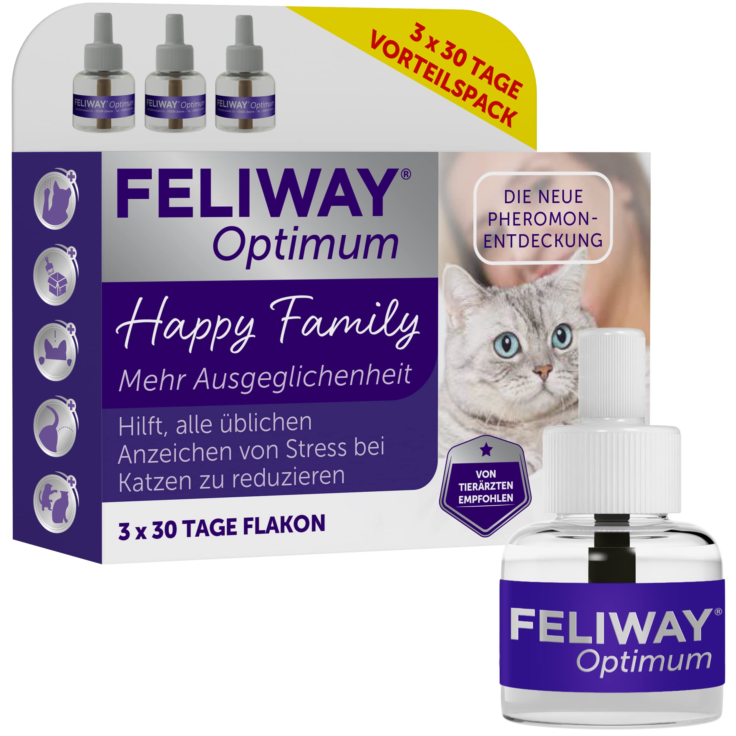 FELIWAY® Optimum Vorteilspack | 3 Monate Ausgeglichenheit & Entspannung für Katzen| 3x 48ml Nachfüllflakons