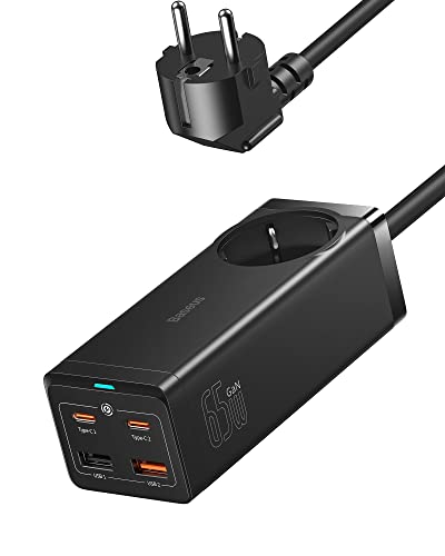 Baseus USB C Ladegerät, 65W USB C Ladestation mit 1 AC Steckdose & 4 Ladeanschlüssen [2USB-C + 2USB-A], USB C Wandladegerät für MacBook Pro 2020 MacBook Air iPad Pro 2021, Samsung Galaxy S22 S21 S20