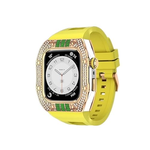 KANUZ Luxus-Diamant-Gehäuse-Modifikationsset für iWatch 8, 7, 6, SE, 5, 4, Gummiband, 44 mm, 45 mm, für Apple Watch, Metallbeze-Uhrenarmband (Farbe: Diamant-Gelb-SRGGr, Größe: 45 mm)