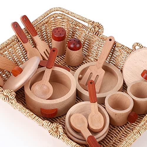 Holz-Spielküche-Zubehör, Küchenspielspielzeug, Kinder-Küchen-Set mit Pfanne, Töpfe, Teller, Aufbewahrungstasche, Geburtstags Jungen und Mädchen