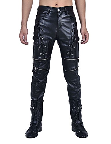 Idopy Neue Männer `s Biker Style schwarz Kunstleder Hose vorne Lace UP Hosen