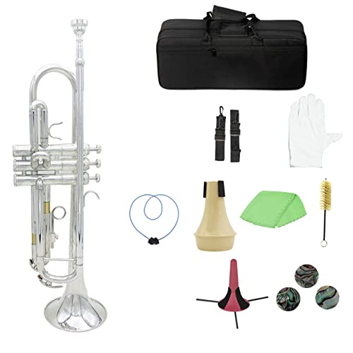 ZENGXUE Messing Trompete BB B Wohnung Mit Mundstück Tragetasche Tuner Mute Trompete Standhandschuhe Reinigungswerkzeuge Windinstrument Standard-Trompetenset (Color : Silver)