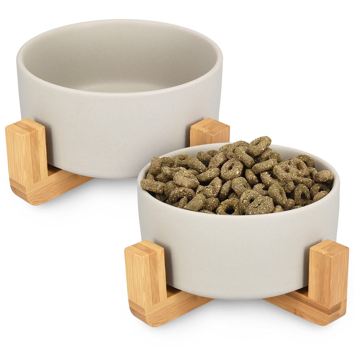 Navaris 2X Futternapf Katze mit Bambus Halter - Futterstation 2X Keramiknapf für Katzen Hunde - Keramik Fressnapf Set Futterbar mit Holz Halterung