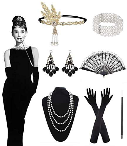 Birshe 20er Jahren Zubehör Set,20er Jahre Accessoires 9 Stück Flapper Great Gatsby Accessoires Halskette Ohrringe Lange Handschuhe Spitze Faltfächer Geeignet für Partys Hochzeiten und Andere Anlässe