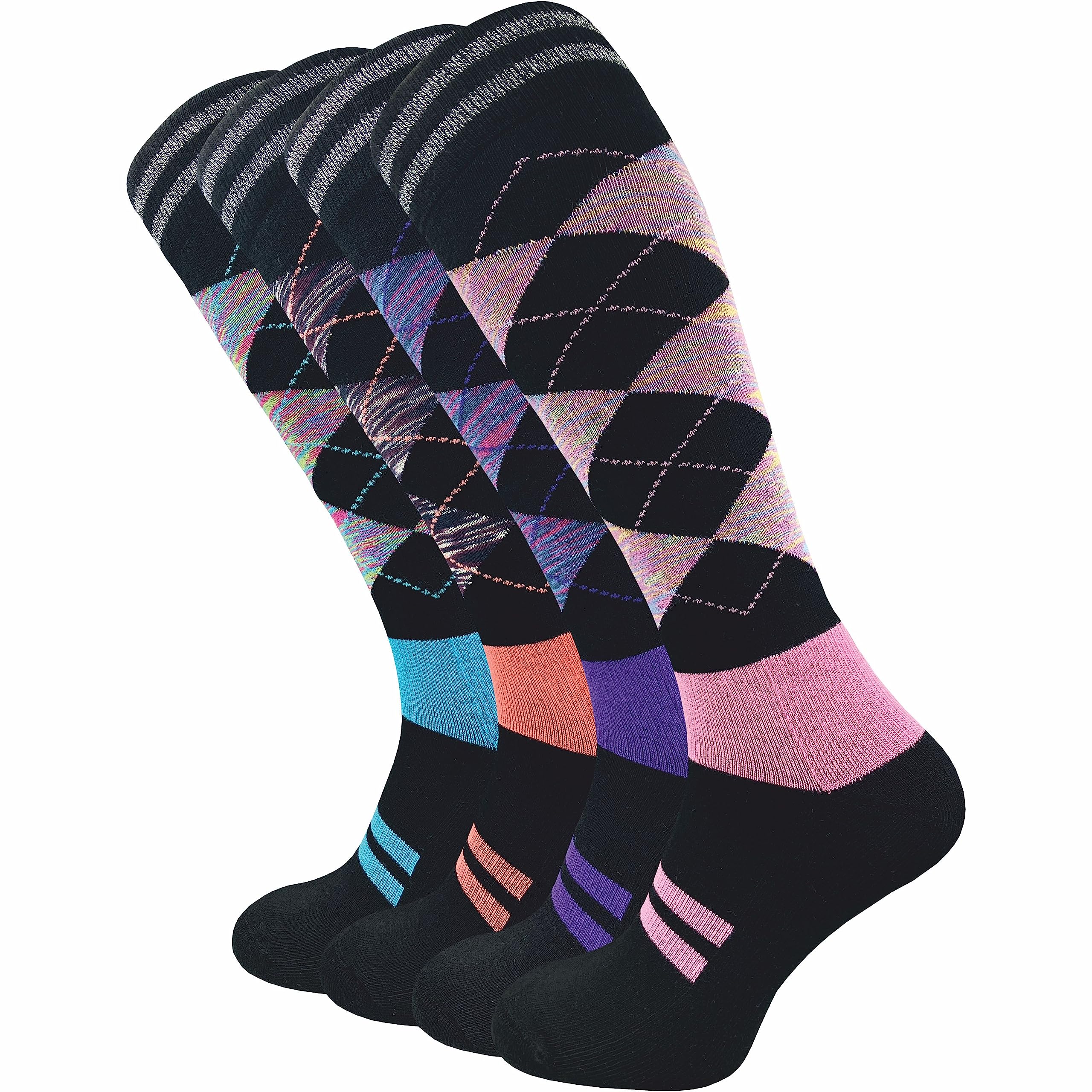 GAWILO Damen Reitsocken (4er-Pack) karierte Kniestrümpfe | dämpfende Plüschsohle | ohne drückende Naht | 80% Baumwolle (39-42, schwarz | multicolour 2)