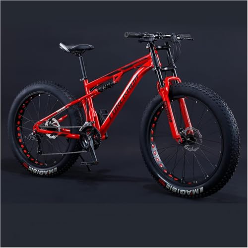 24 Ih Mountainbikes, Fat Tire Mountain Trail Bike für Erwachsene Jungen und Mädchen, Dual-Suspension-Fahrrad, Rahmen aus Kohlenstoffstahl, rutschfeste Offroad-Bikes,Rot,27 Gänge