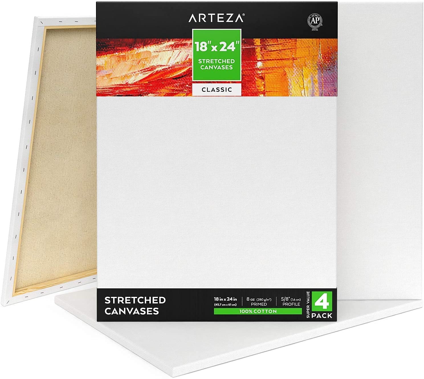 Arteza Leinwand Keilrahmen, 45.7cm x 61cm 4er-Pack bespannter Keilrahmen, weiße grundierte 100% Baumwolle, für Malerei, Acrylgießen, Ölfarben & nasse Kunstmedien, Leinwände für Anfänger & Profis